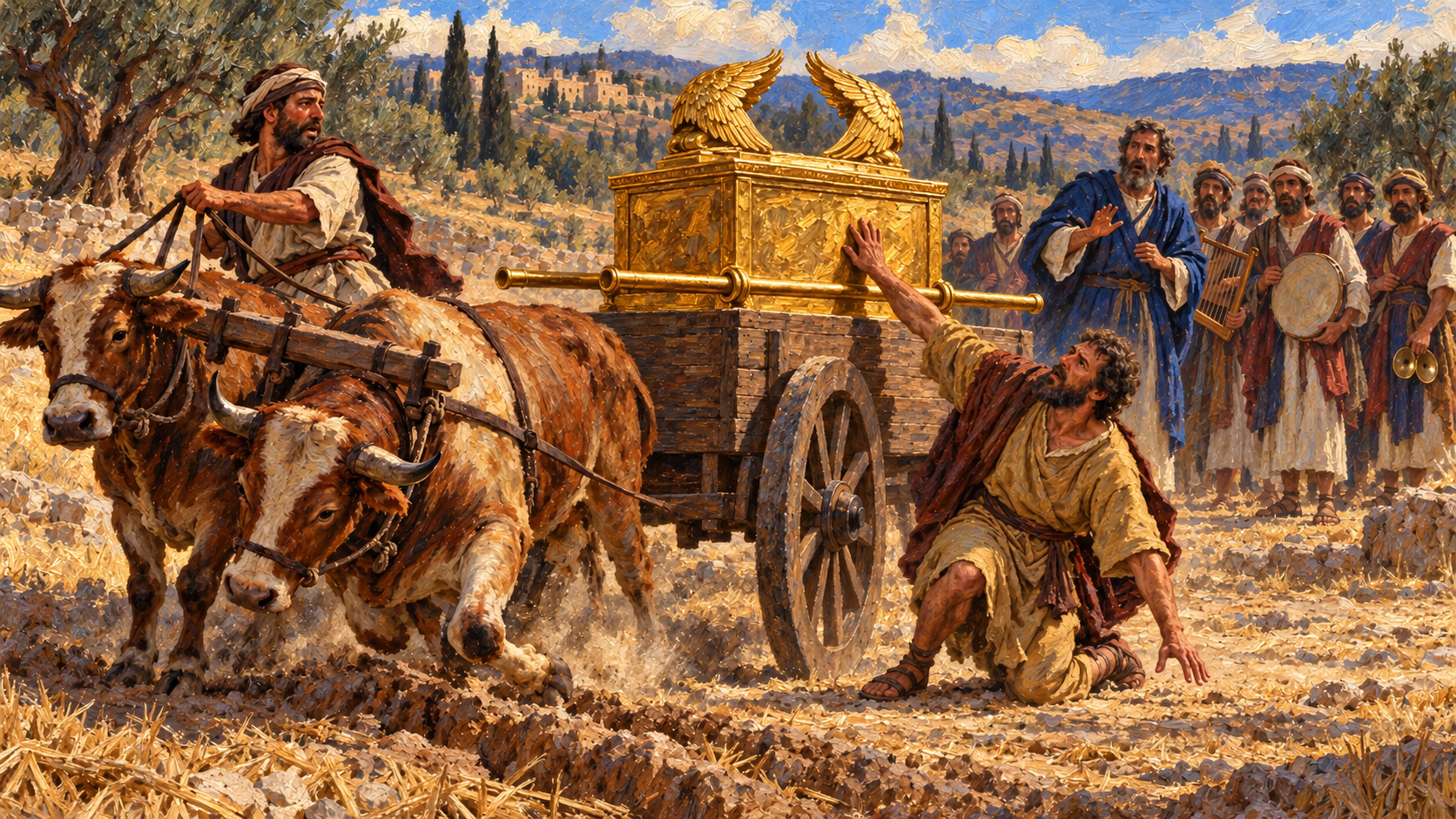Classical oil painting of Uzzah collapsing after touching the ark as the oxen stumble and the procession recoils.