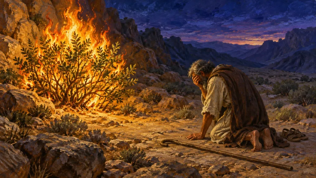 Moses kneels barefoot before the burning bush on holy ground
