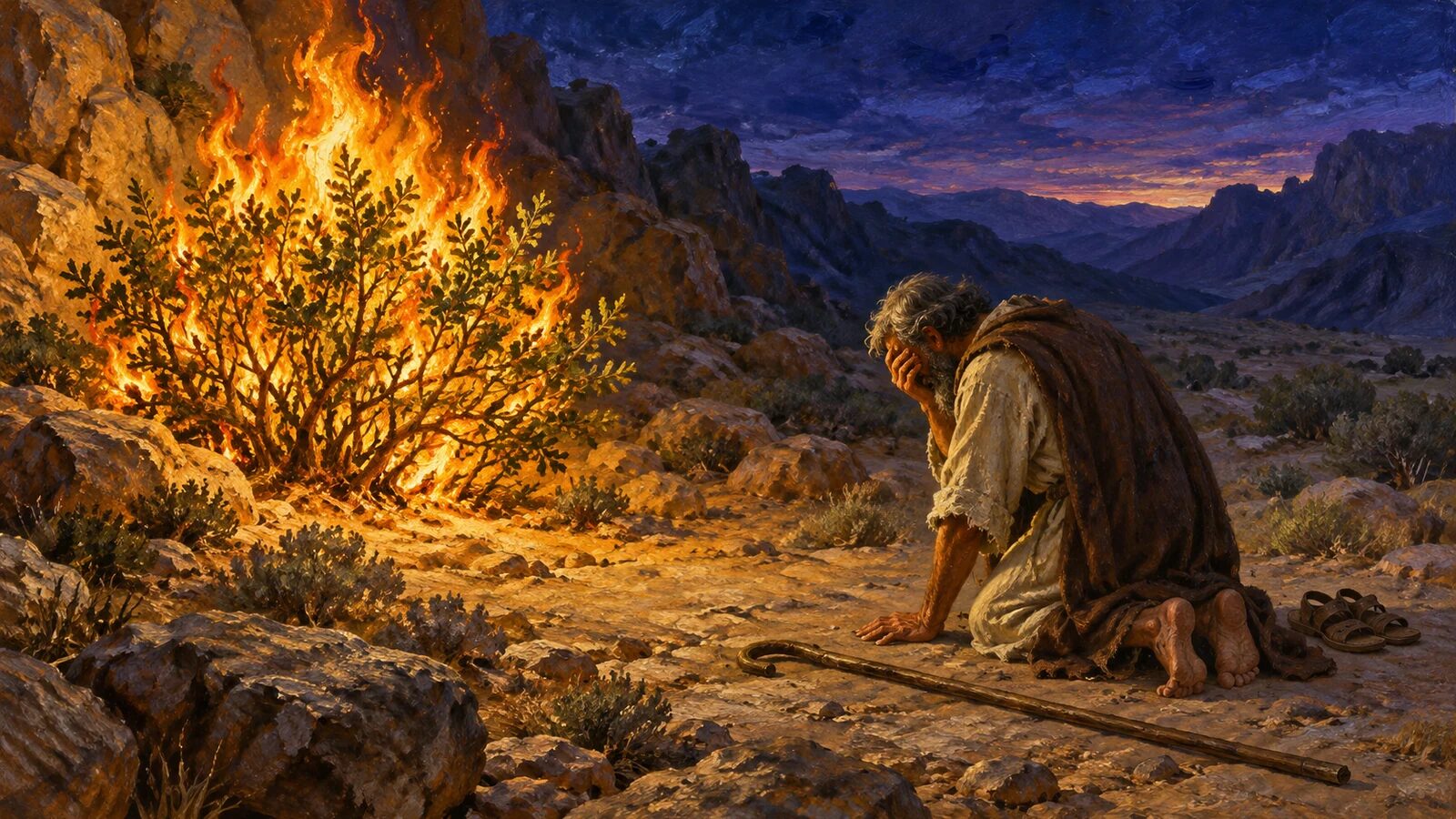 Moses kneels barefoot before the burning bush on holy ground