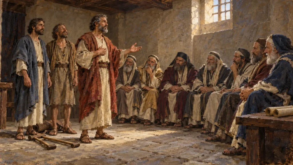 Peter speaks with Spirit-given boldness as John and the healed man stand before the rulers