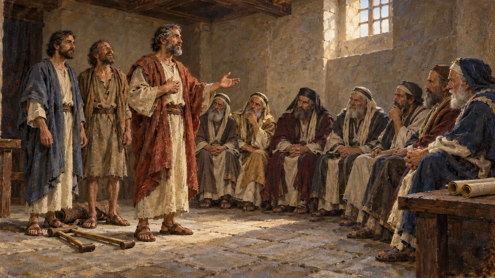 Peter speaks with Spirit-given boldness as John and the healed man stand before the rulers