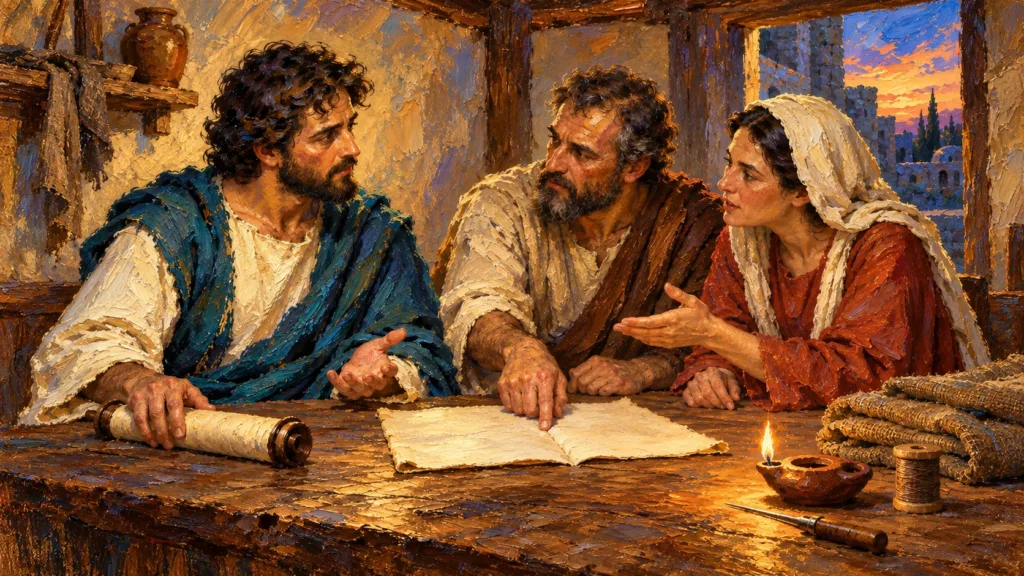 Classical oil painting of Apollos listening as Aquila and Priscilla explain Scripture privately.