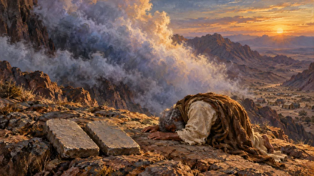 Moses bows beside the replacement tablets as the LORD passes in a cloud on Sinai