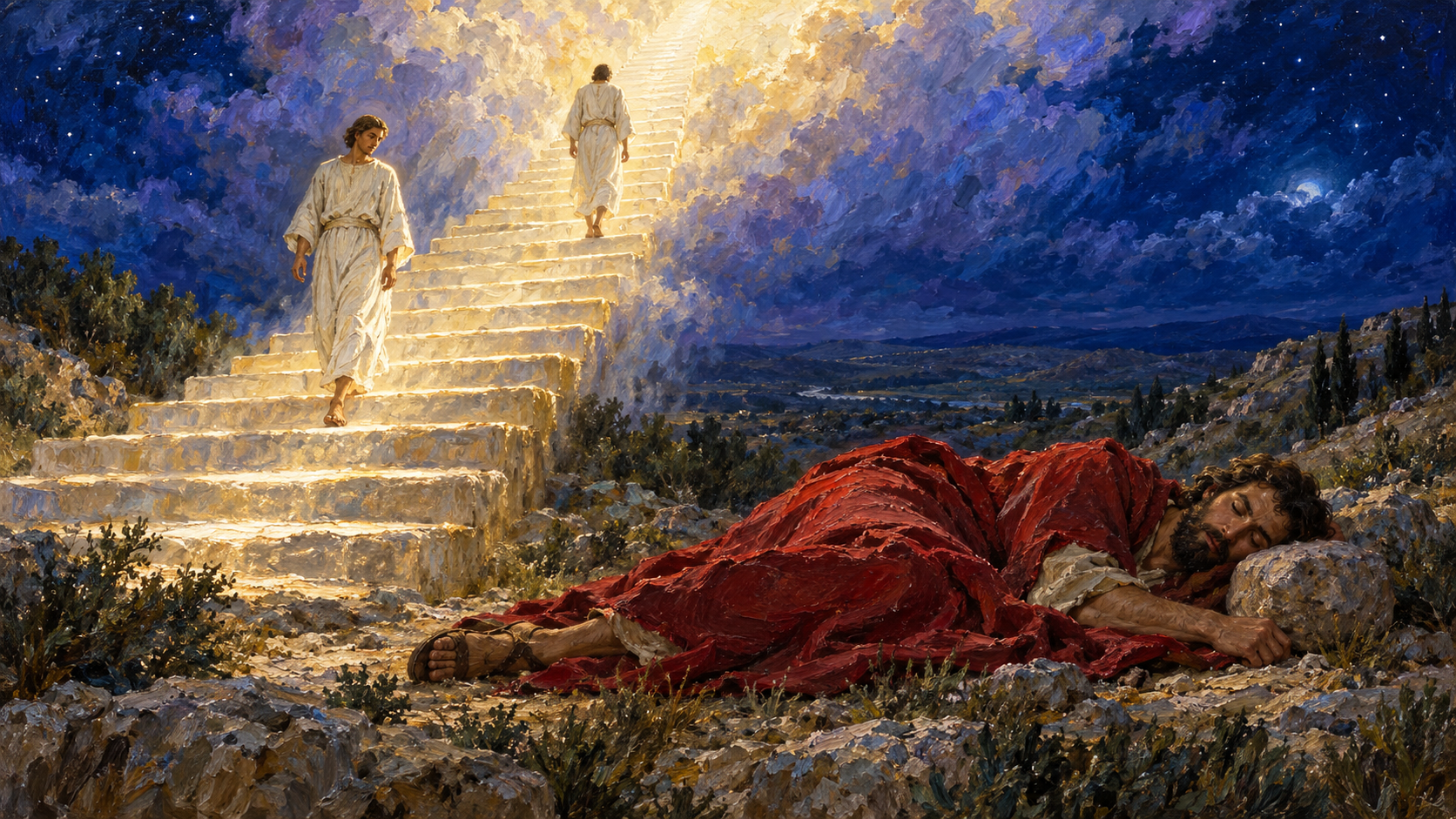 Classical oil painting of sleeping Jacob beside a stone as angels ascend and descend a stairway reaching heaven.