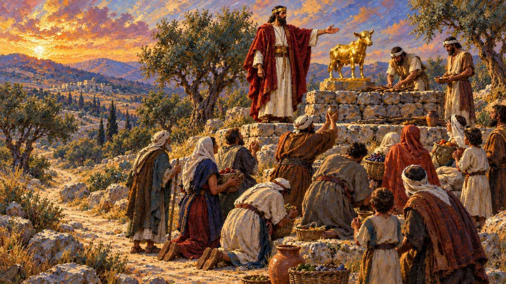 Classical oil painting of King Jeroboam directing Israelite worshipers toward a golden calf at Bethel.