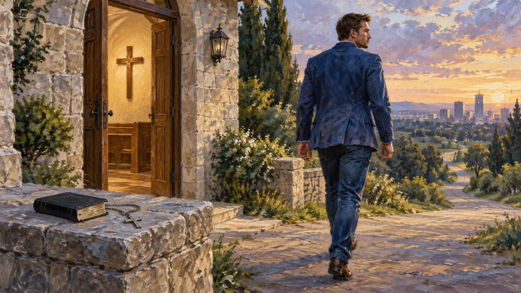 Classical oil painting of a man turning his back on Christianity, walking away from a church cross and leaving his Bible and cross necklace behind.