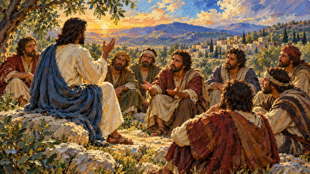 Classical oil painting of Jesus viewed from behind teaching attentive disciples how to pray.