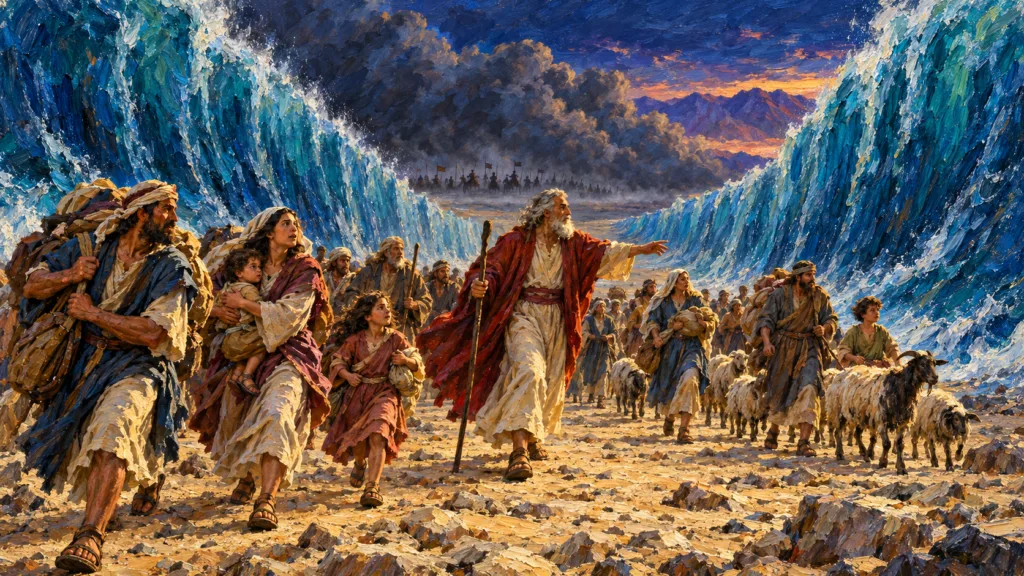 Classical oil painting of Moses and Israelite families crossing on dry ground between the divided waters of the Red Sea.