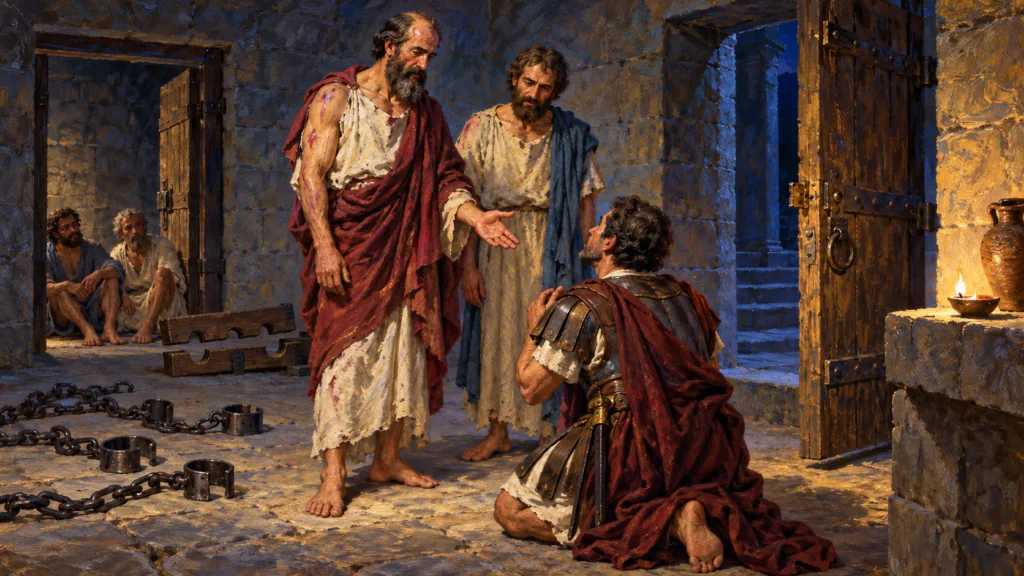 Classical oil painting of the jailer kneeling before Paul and Silas beside open prison doors and released chains.