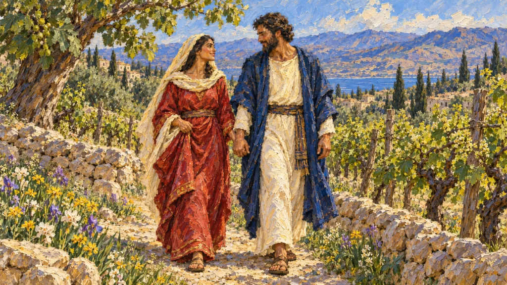 Classical oil painting of an affectionate husband and wife walking together in a spring vineyard.