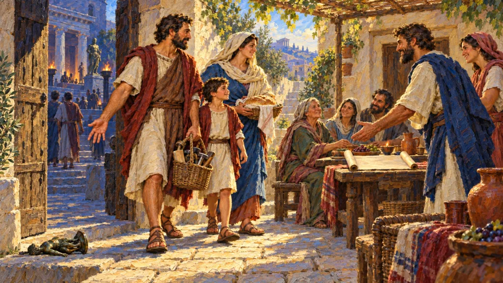 Classical oil painting of an early Christian family leaving an idol behind and bringing tools and bread into fellowship.