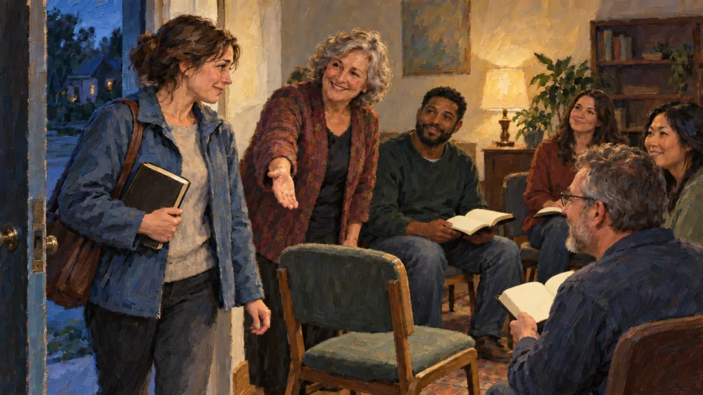 Classical oil painting of a woman welcomed into a small Christian gathering with open Bibles and an empty chair.