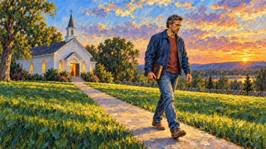Classical oil painting of a solitary Christian walking away from a church while carrying his Bible.
