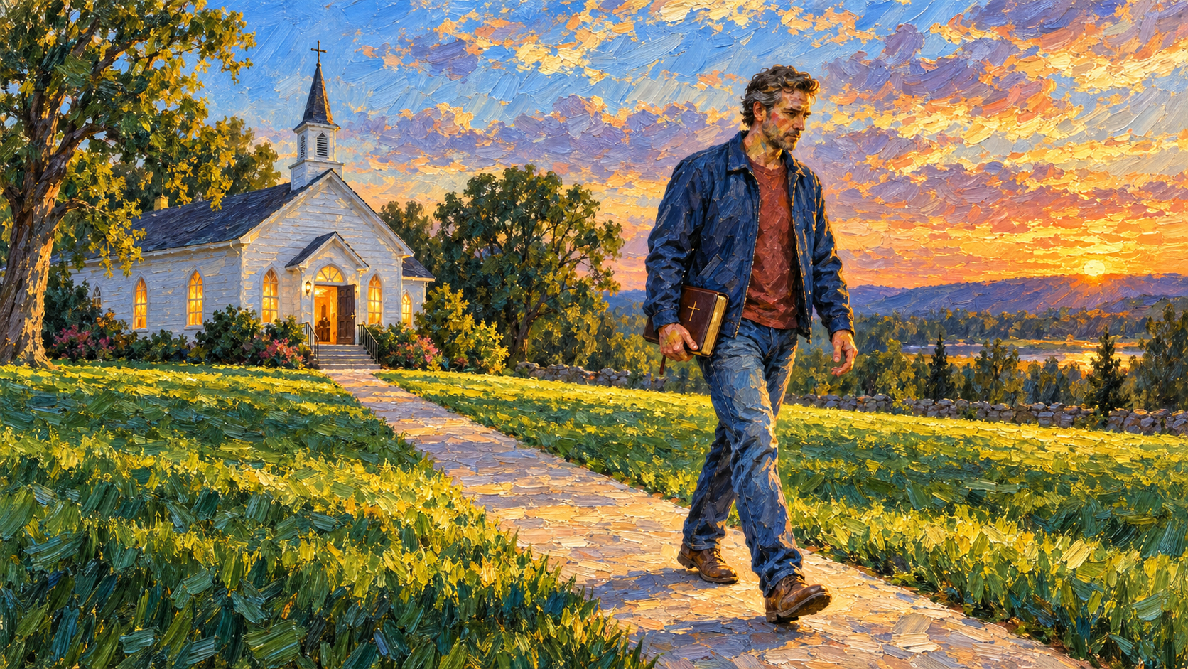 Classical oil painting of a solitary Christian walking away from a church while carrying his Bible.