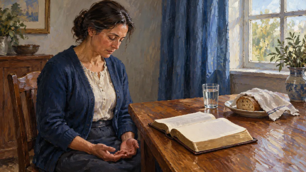 Classical oil painting of a woman praying privately beside an open Bible with a meal set aside.