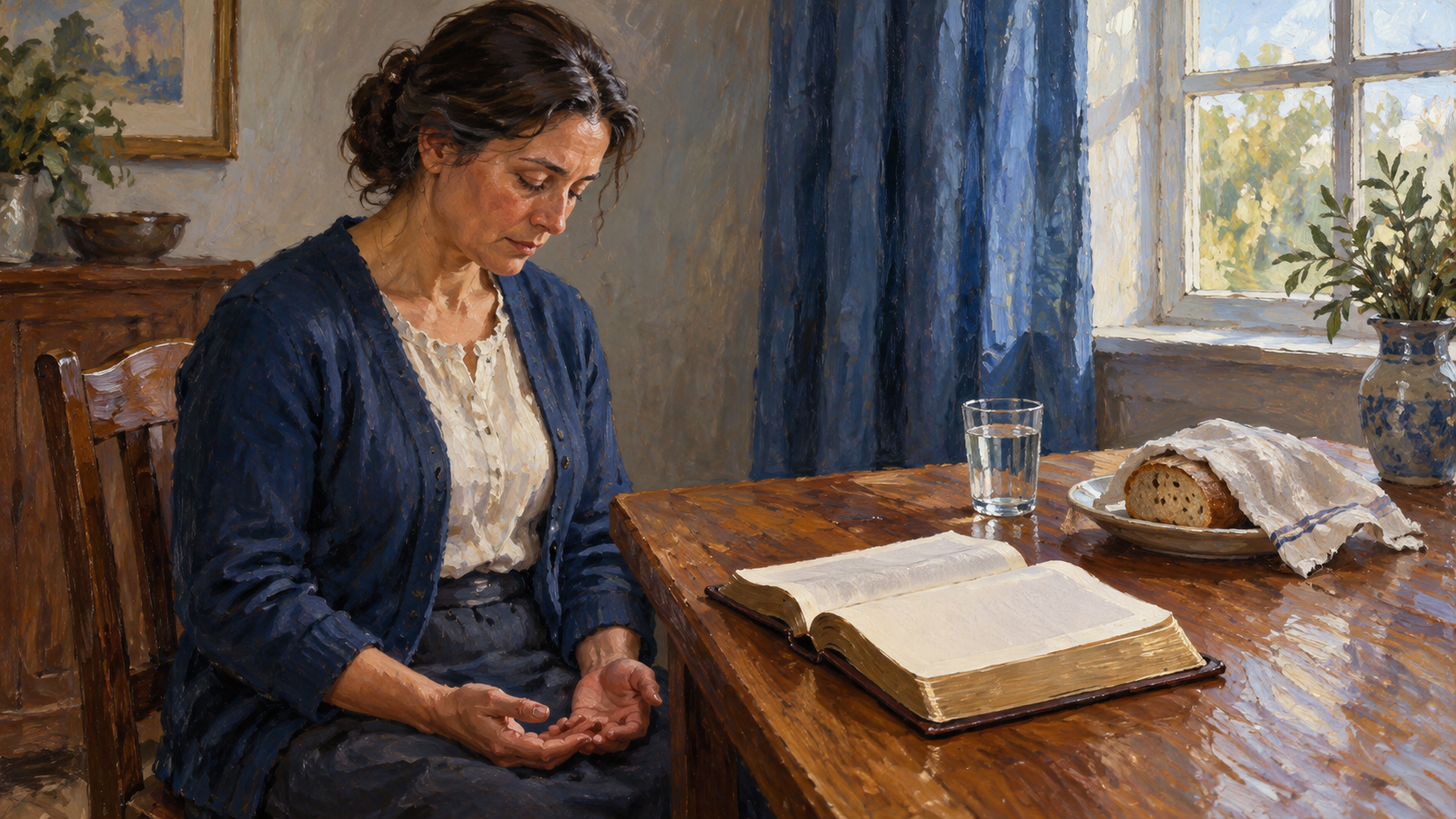 Classical oil painting of a woman praying privately beside an open Bible with a meal set aside.