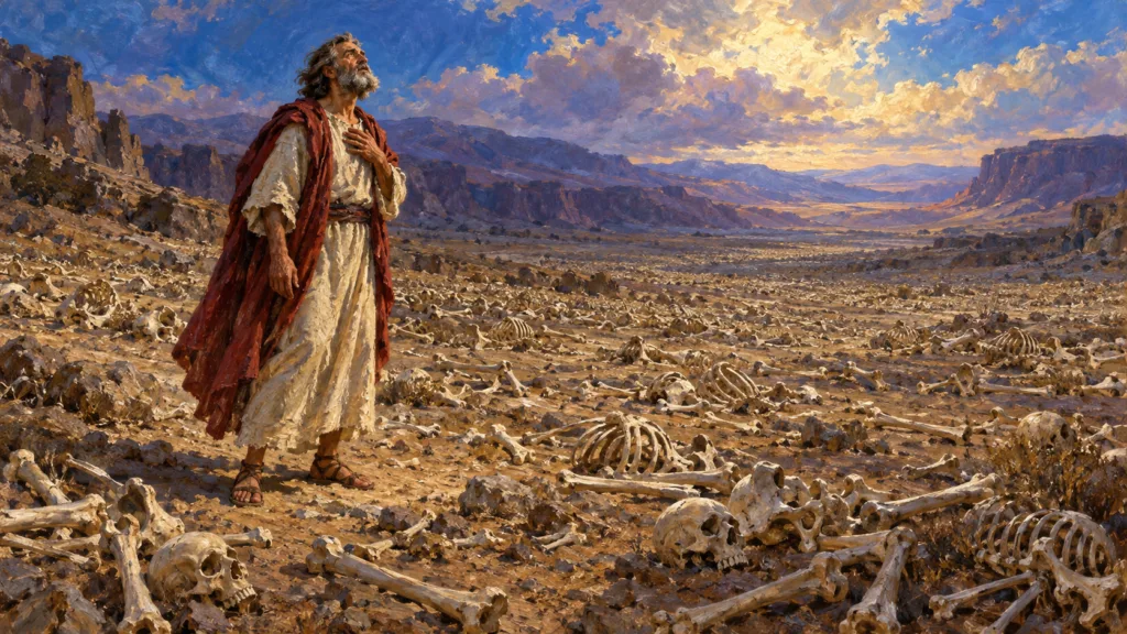 Classical oil painting of Ezekiel standing in awe among motionless dry bones in a vast valley.