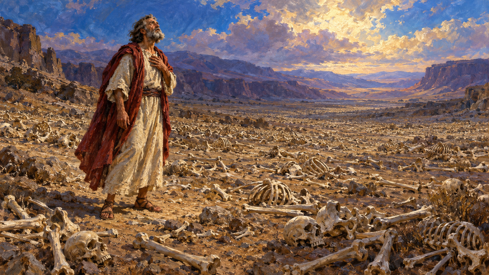 Ezekiel in the Valley of Dry Bones – Classical Oil Painting Classical oil painting of Ezekiel standing in awe among motionless dry bones in a vast valley.
