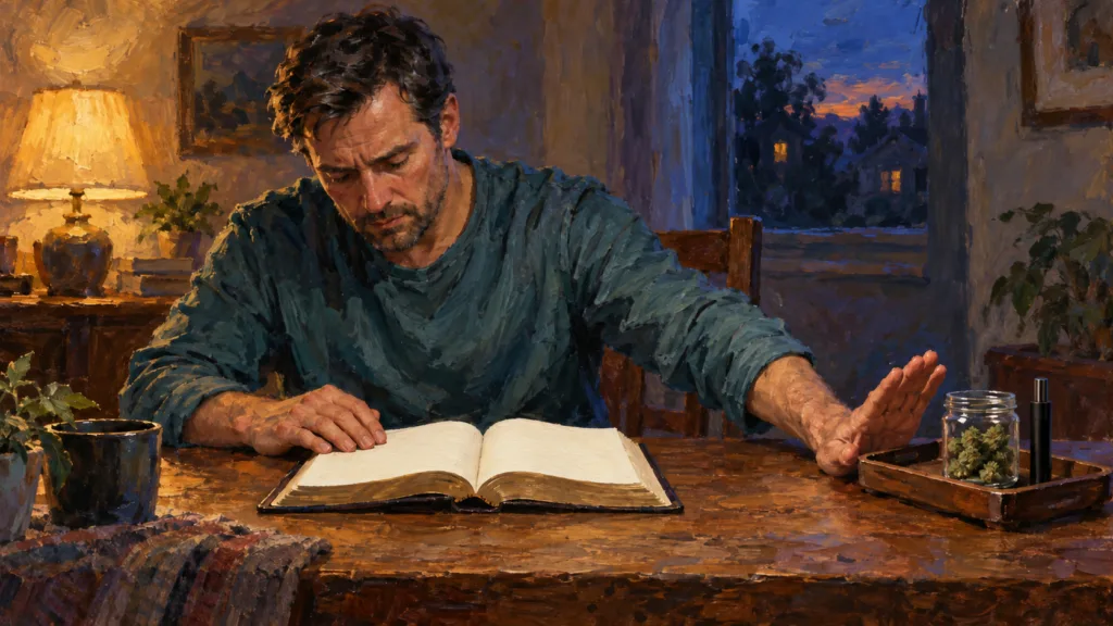 Classical oil painting of a man declining recreational cannabis beside an open Bible.