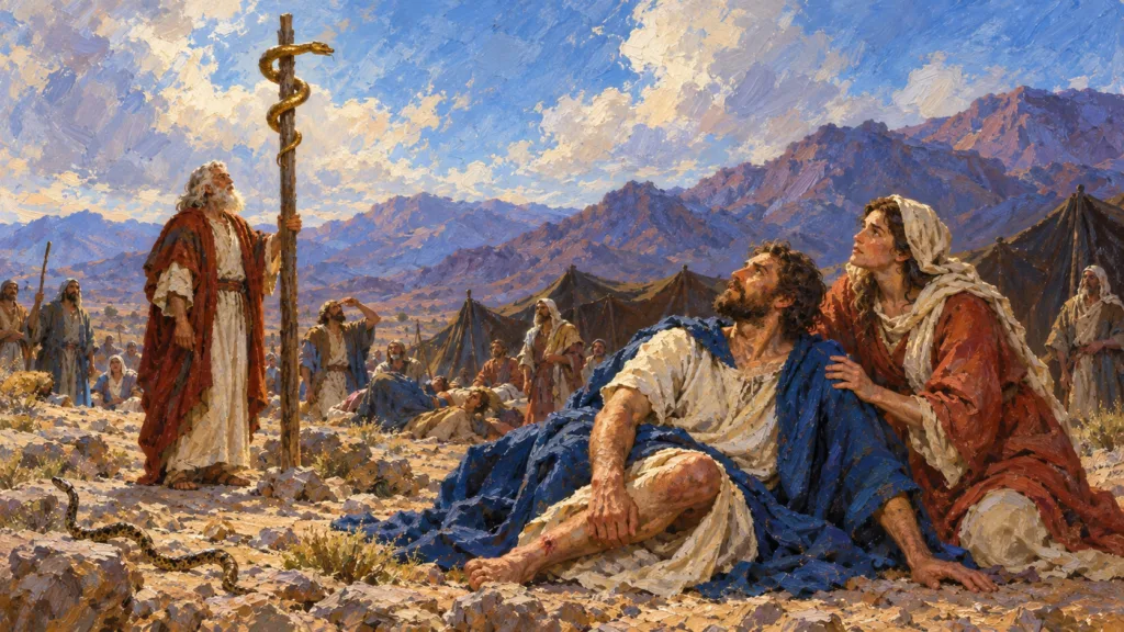 Classical oil painting of a stricken Israelite looking toward the bronze serpent raised by Moses.