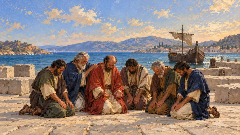 Classical oil painting of Paul and Ephesian elders kneeling in farewell prayer beside the harbor at Miletus.