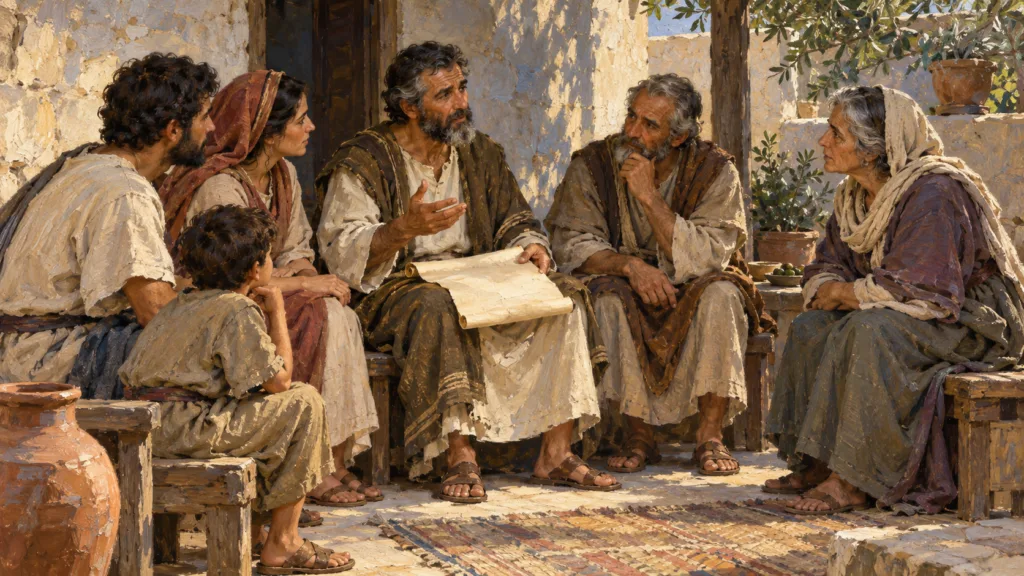 Classical oil painting of two elders teaching a small congregation in an early house church.