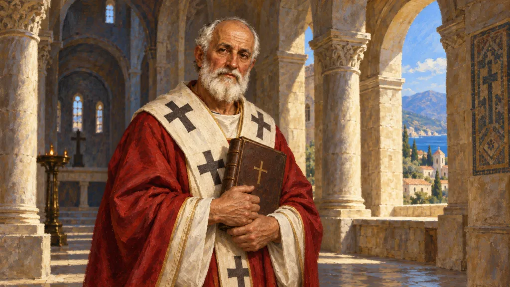 Classical oil portrait of Saint Nicholas of Myra as an elderly bishop in a crimson robe and white episcopal stole, holding a Gospel book.