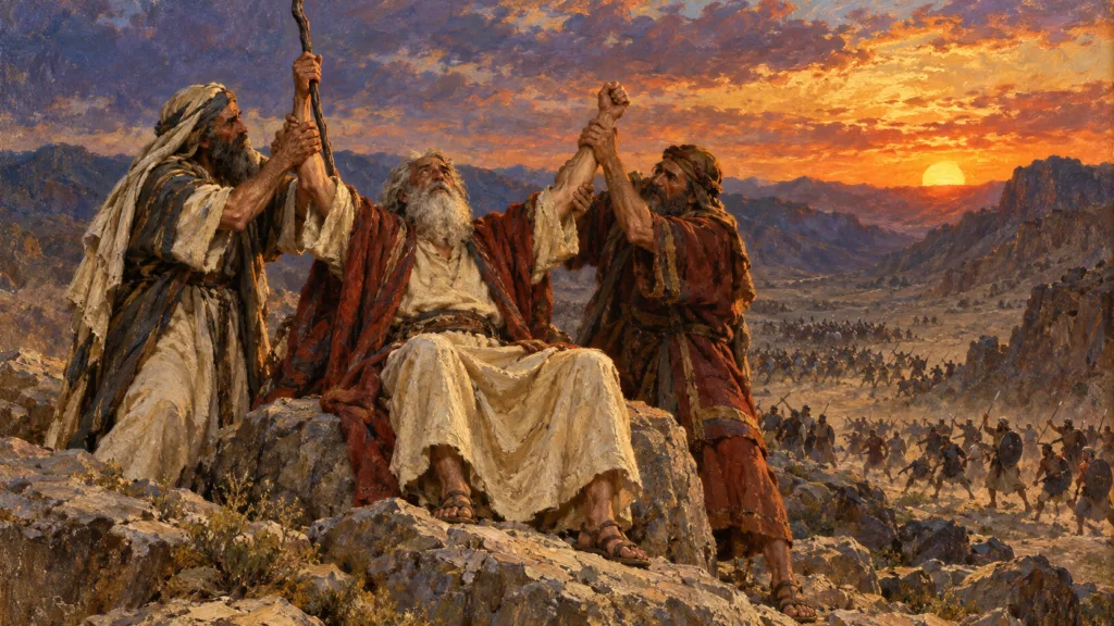 Classical oil painting of Aaron and Hur supporting the hands of seated Moses above the battle at sunset