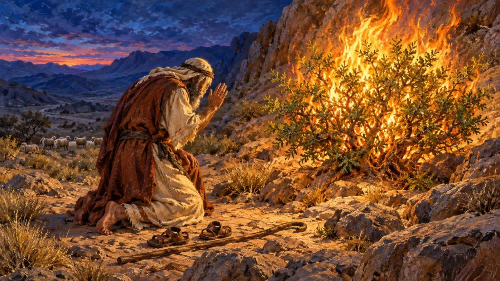 Moses kneels barefoot before the burning bush as the Lord reveals His covenant name