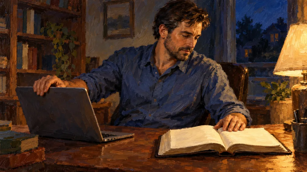 Classical oil painting of a man lowering a laptop lid and turning his gaze toward an open Bible