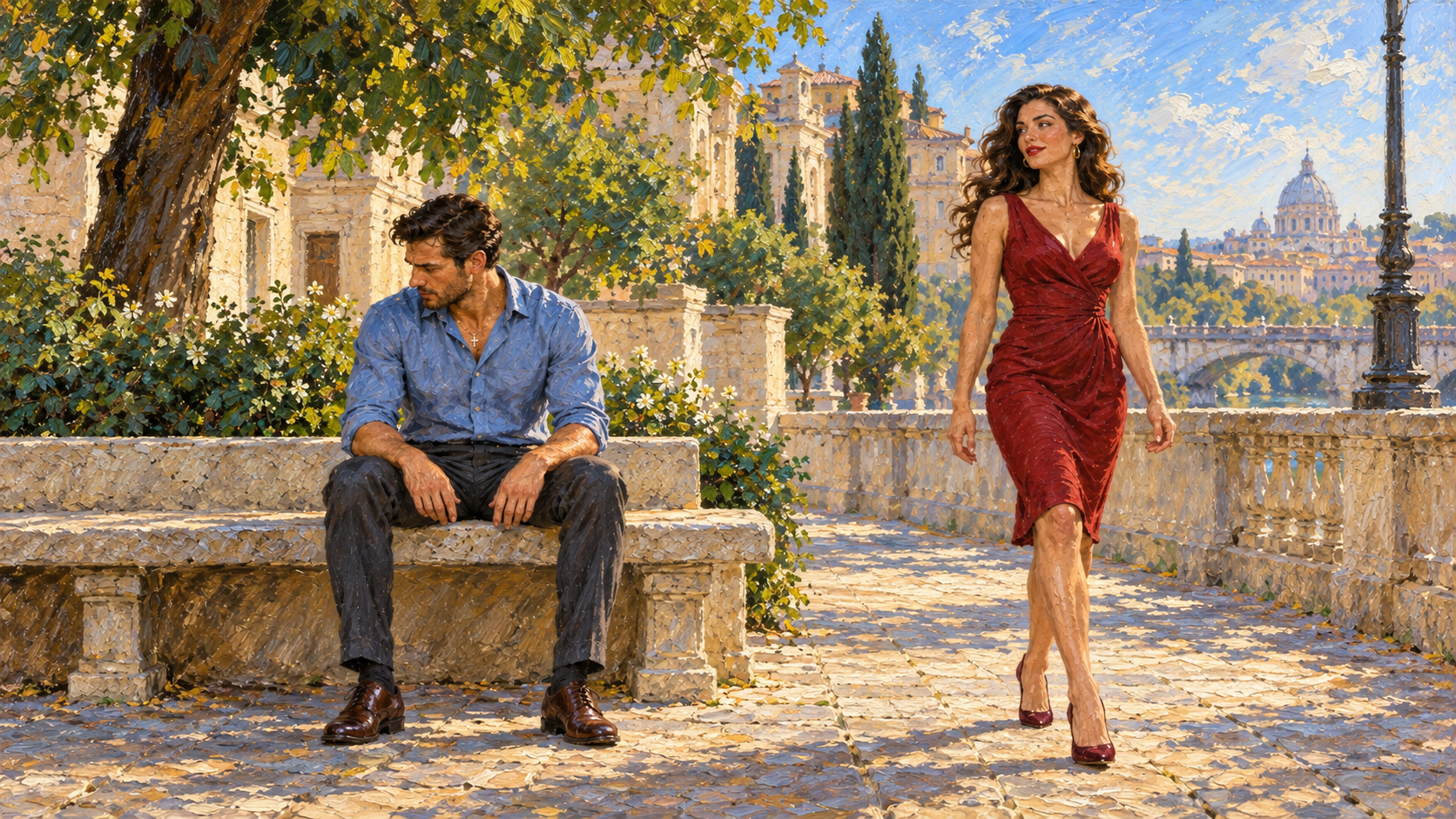 Classical oil painting of a man deliberately turning his gaze away as an attractive woman in a crimson dress walks past.