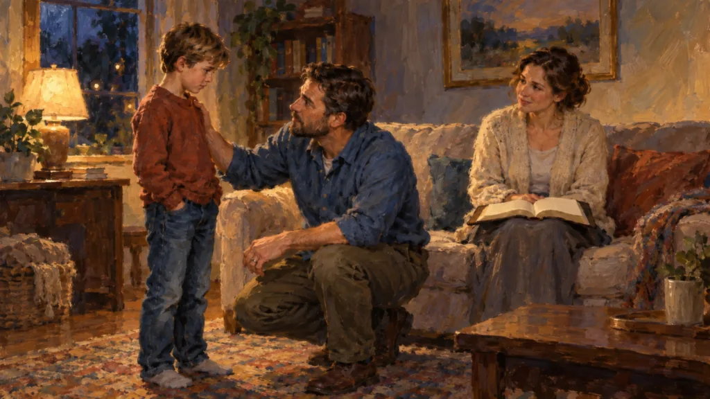 Classical oil painting of a father kneeling to listen to his son while his wife sits nearby with an open Bible