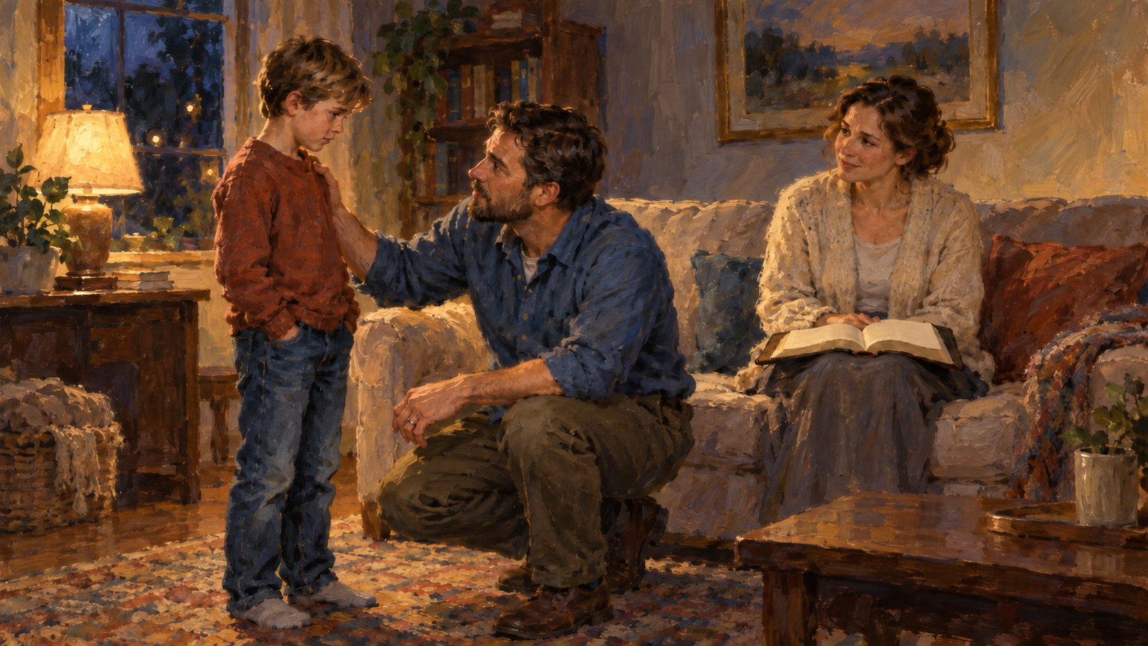 Classical oil painting of a father kneeling to listen to his son while his wife sits nearby with an open Bible