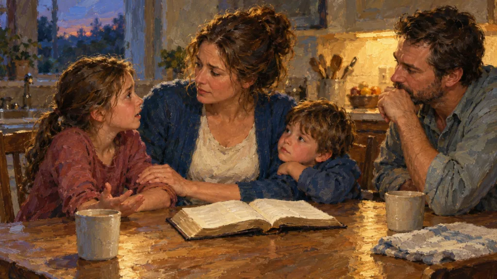 Classical oil painting of a mother listening to her daughter beside an open Bible with her family