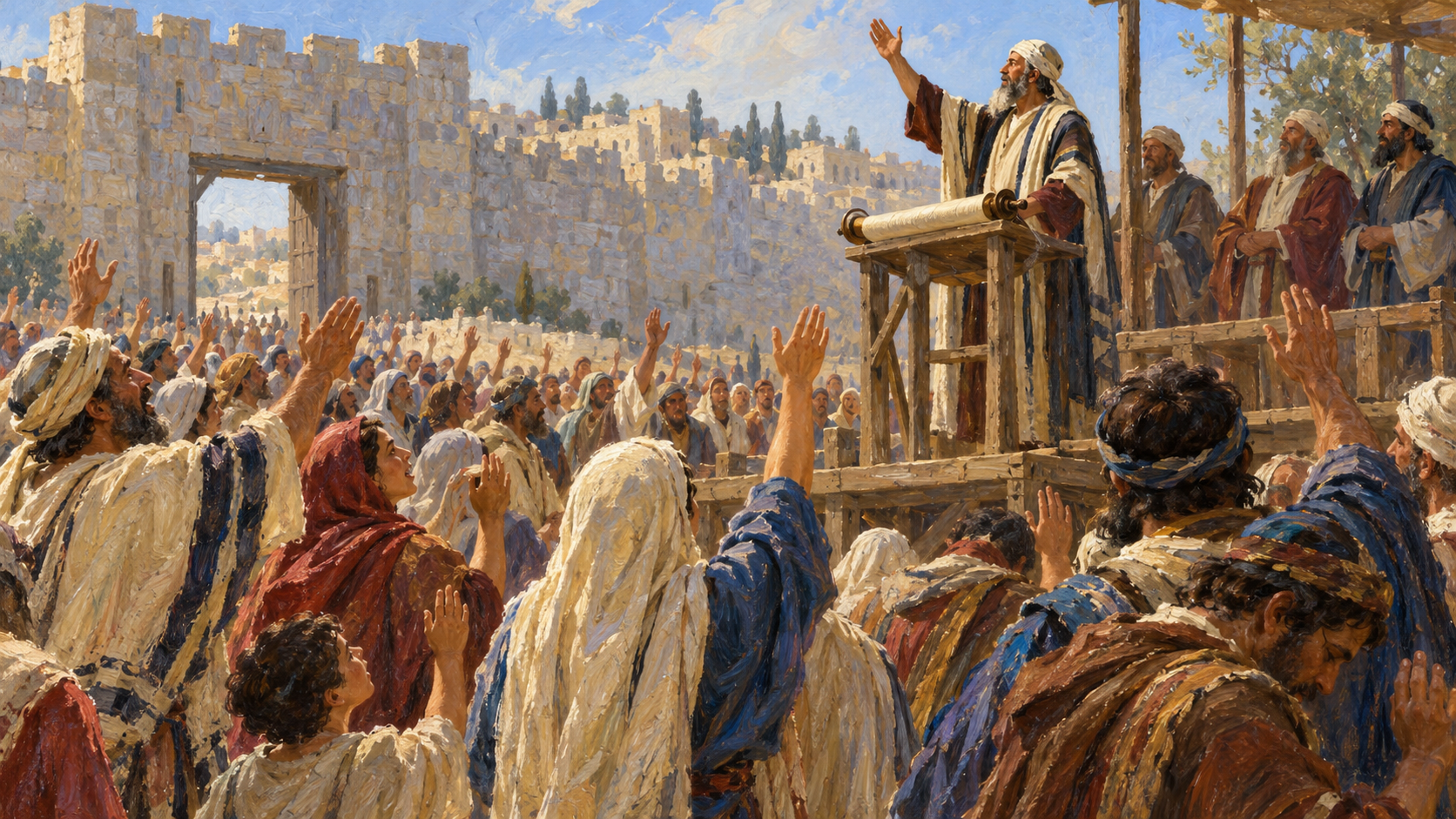Amen – Ezra and the gathered people Classical oil painting of Ezra blessing God as the people raise their hands in agreement