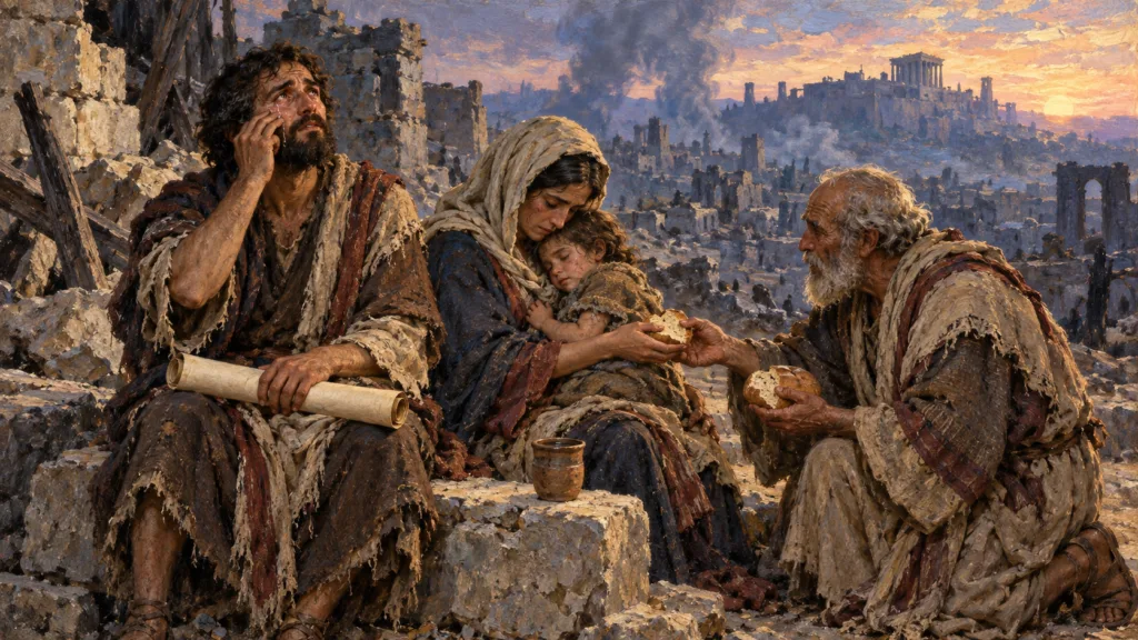Classical oil painting of survivors sharing bread and water in ruined Jerusalem at dawn