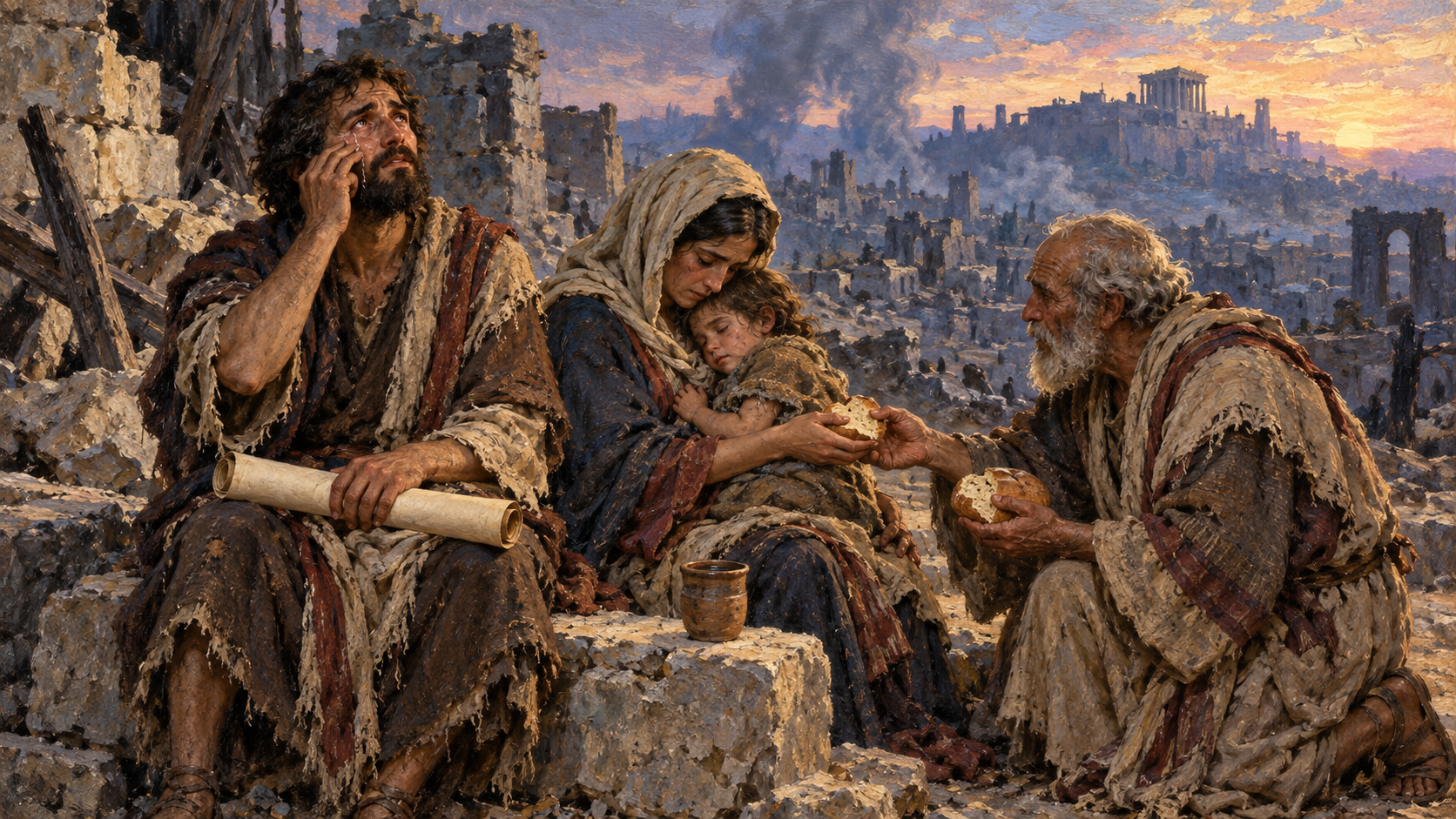 Classical oil painting of survivors sharing bread and water in ruined Jerusalem at dawn