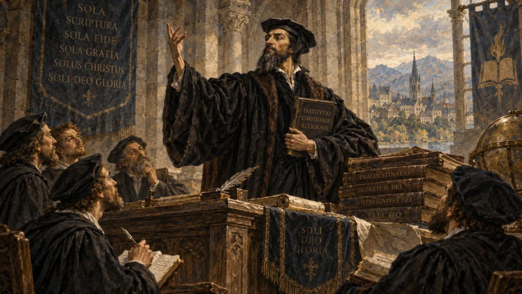 John Calvin teaching with scholarly arrogance.
