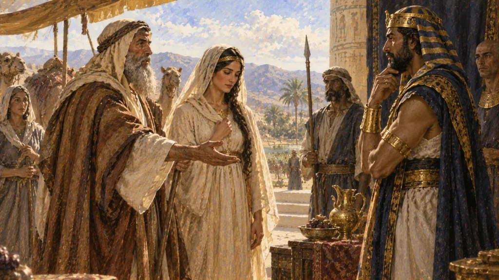 Abimelech rebukes Abraham as elderly Sarah stands restored and free
