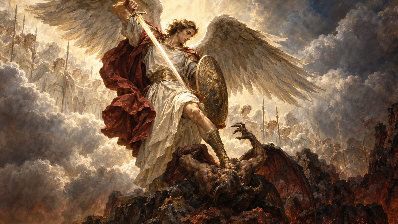 Michael the Arch Angel fighting demons