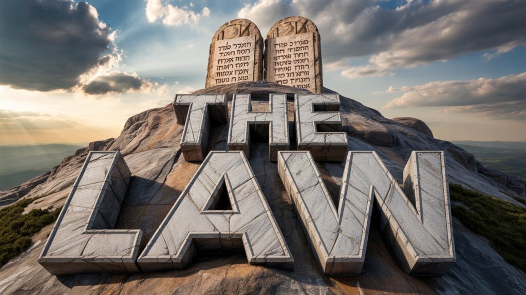 Stone tablets above large letters spelling The Law on a mountain