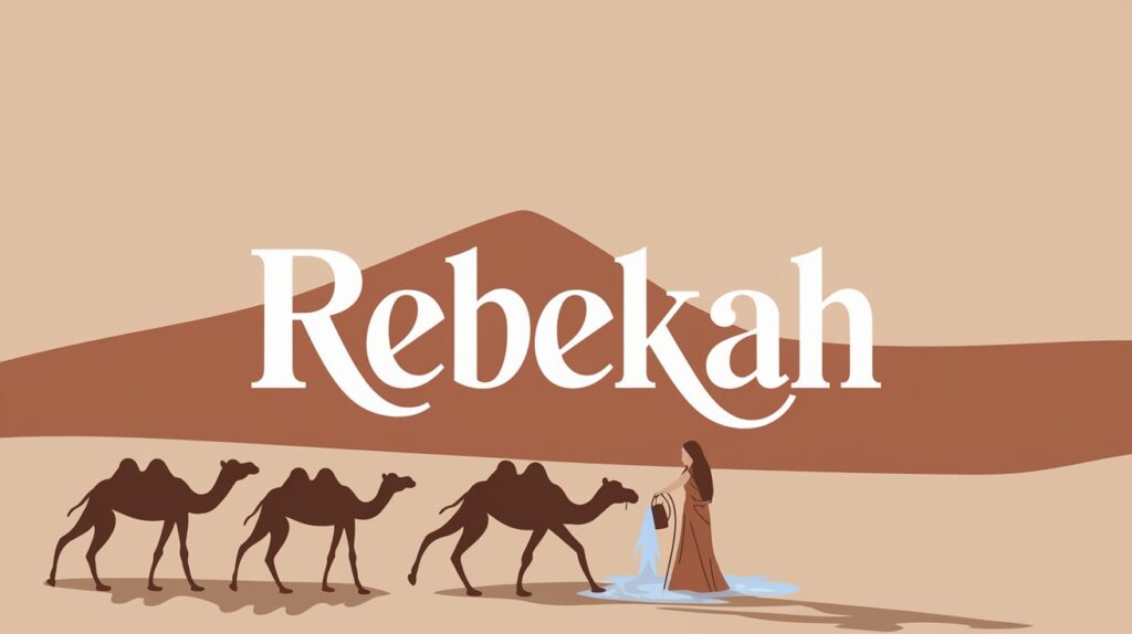 The name Rebekah above a desert illustration of a woman drawing water for camels