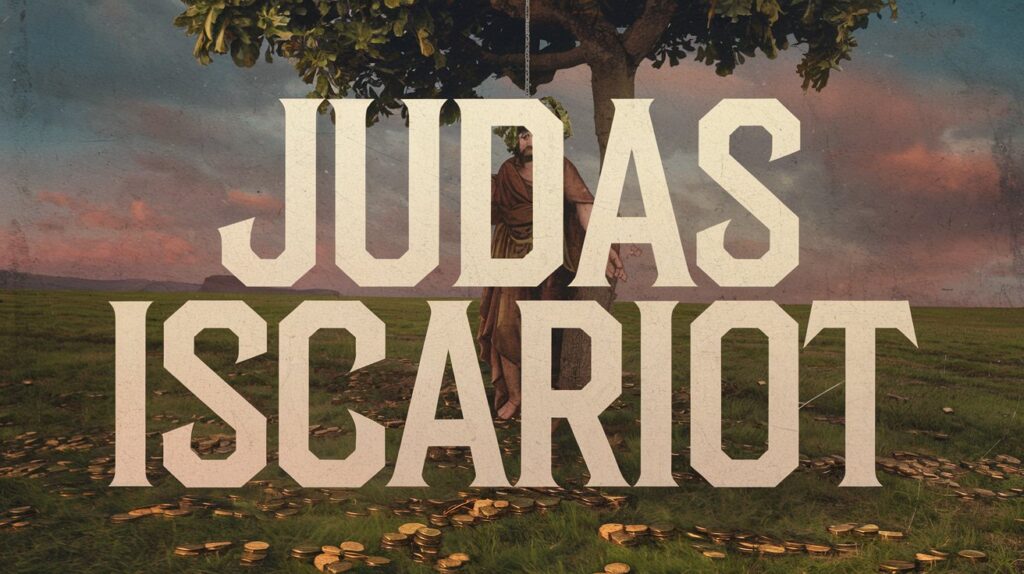 The words Judas Iscariot over an illustration of a hanging figure and scattered coins