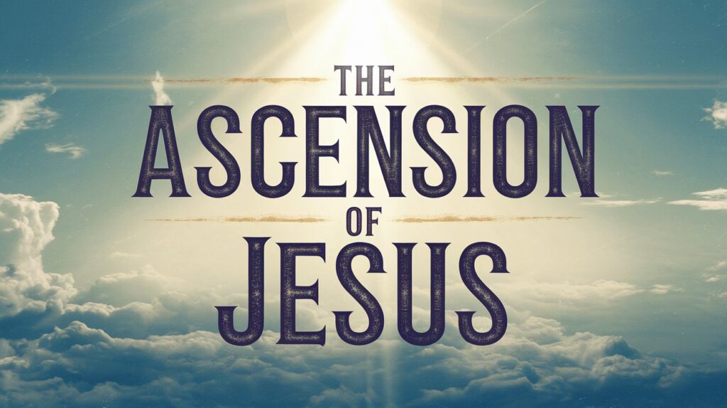 The words The Ascension of Jesus over bright clouds and a beam of light