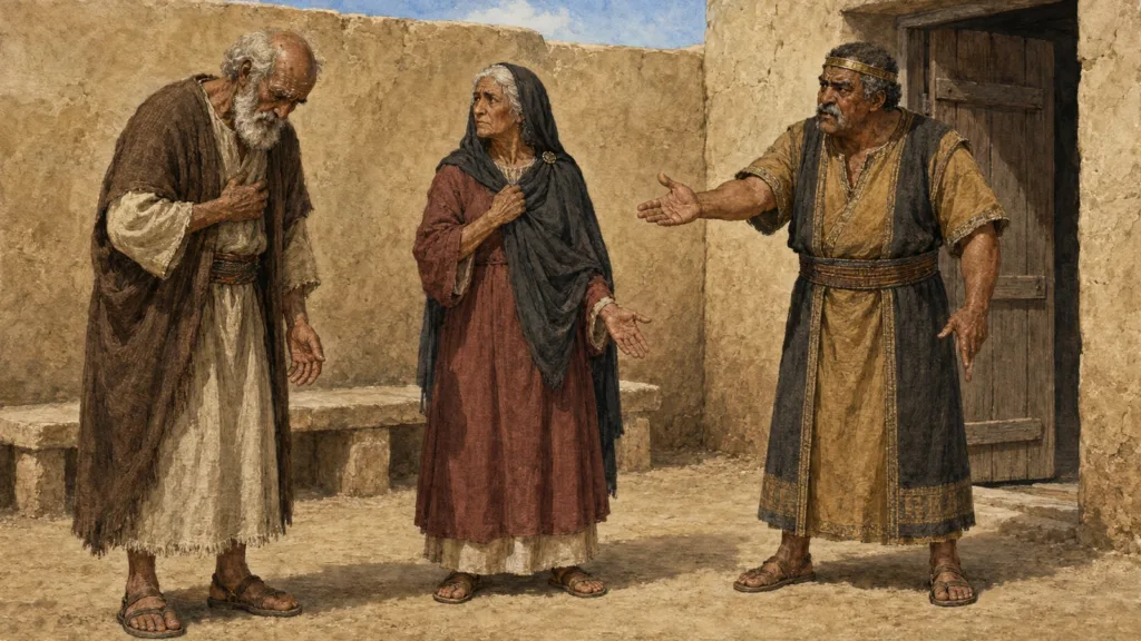 Abimelech rebukes Abraham as elderly Sarah stands restored and free