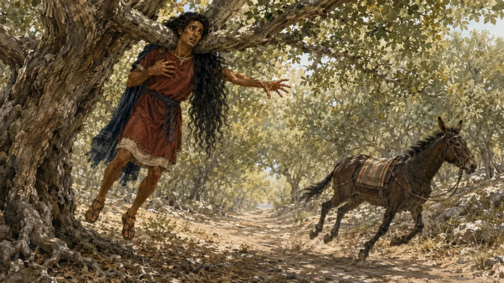 Absalom hangs by his head in a terebinth while his mule runs on and his long hair hangs free