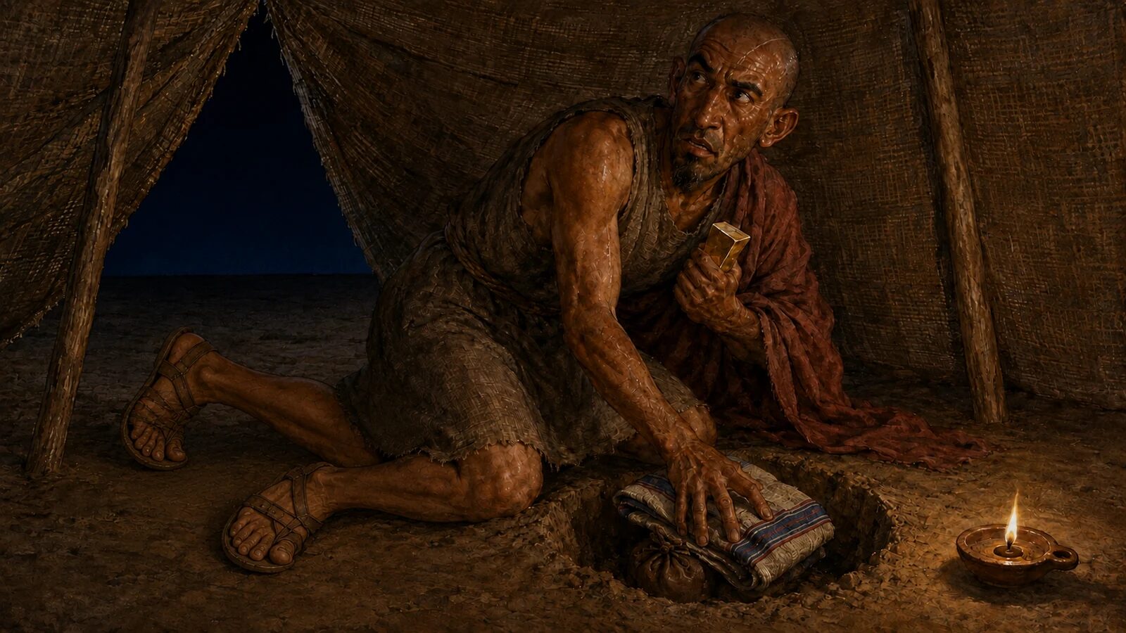 Achan Hides the Spoil He Coveted Achan hides a Babylonian garment, silver pouch, and gold wedge beneath his tent