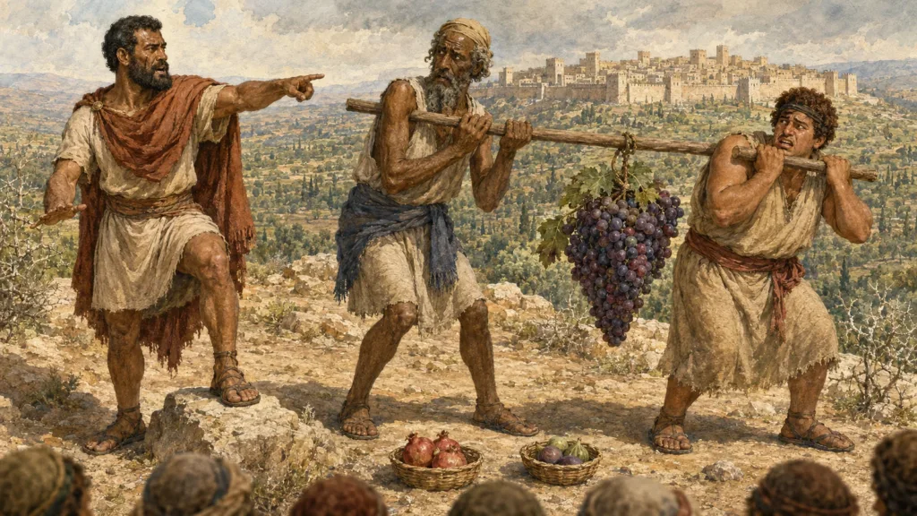 Caleb urges Israel to trust God as two spies carry the grapes of Eshcol from Canaan