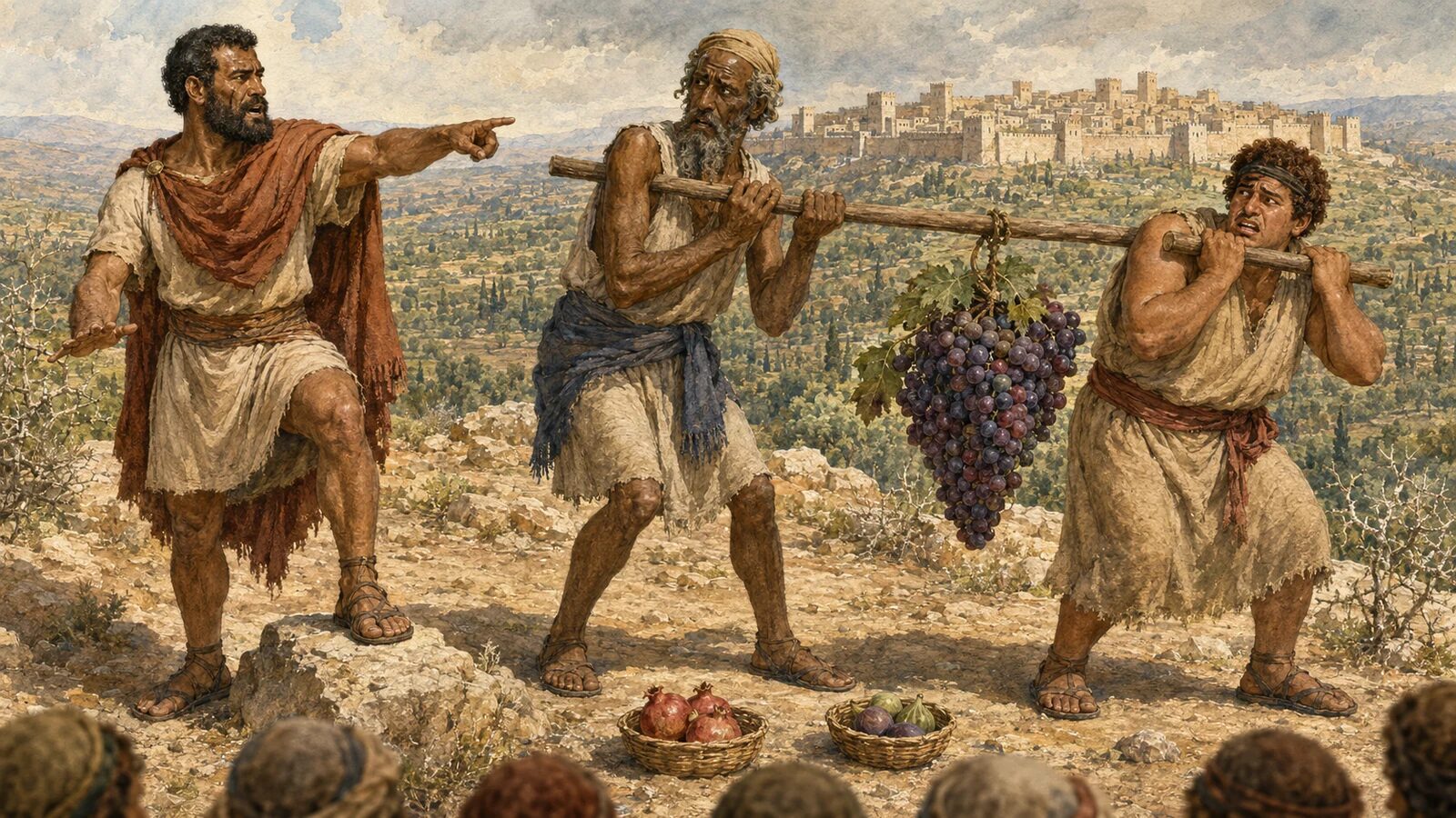 Caleb urges Israel to trust God as two spies carry the grapes of Eshcol from Canaan