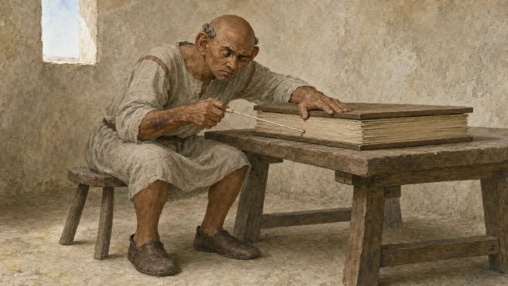 A fourth-century book worker binds the monumental parchment codex